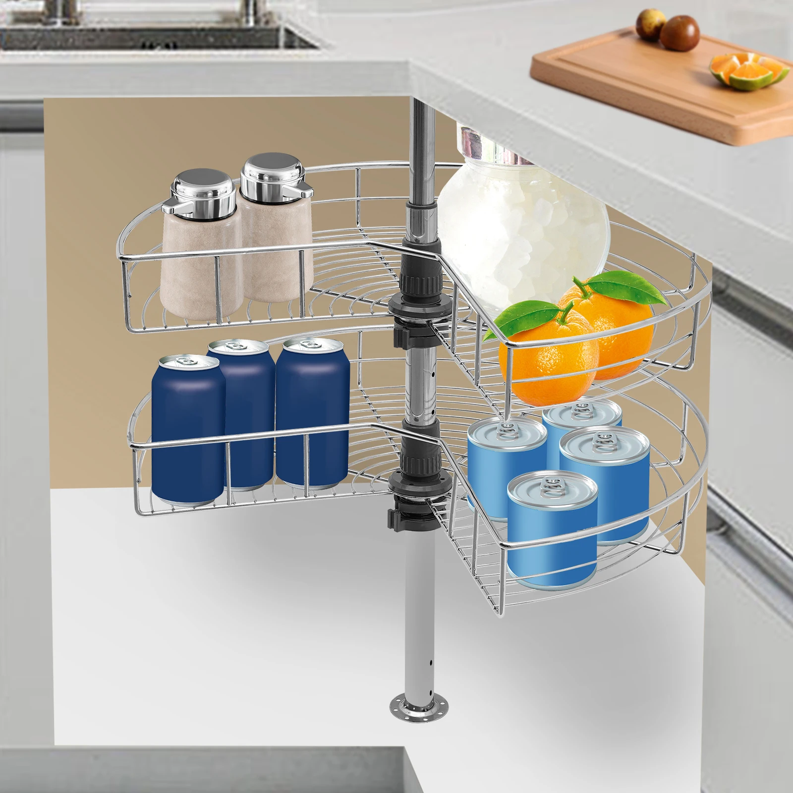 

Rotating Storage Shelves Rack 2-tier Removable Basket Organizer 360° Rotation Silver Iron Cabinet Mounted Adjustable Height