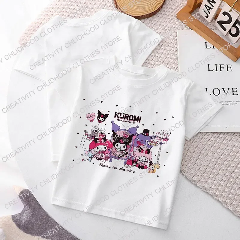 Kuromis Sadness Children T-shirt Y2k Kawaii Anime T Shirts Cinnamorolls Melodys Cartoons Casual Clothes Kid Girl Boy Tops