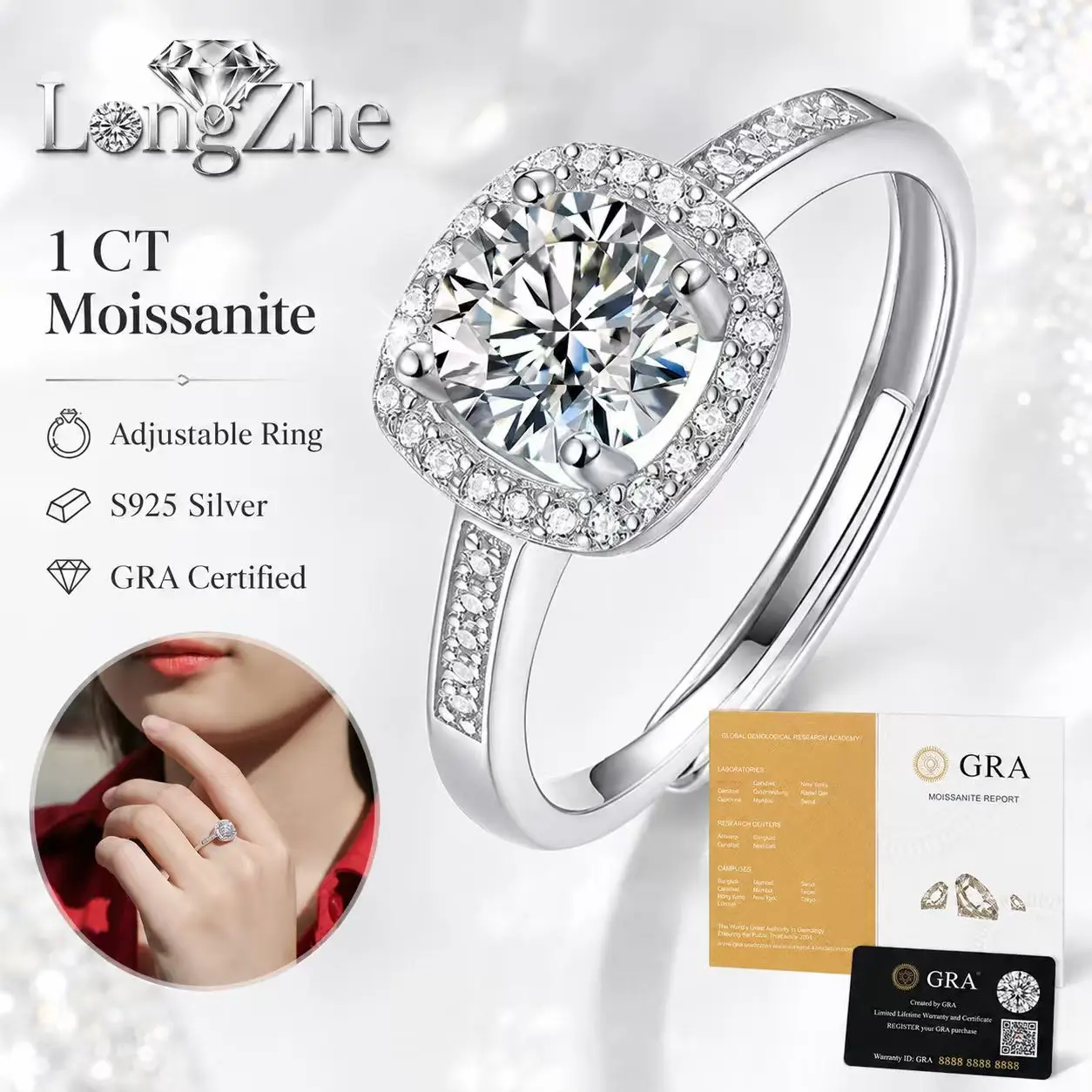 1CT Moissanite Adjustable Open Ring 925 Sterling Silver Cushion Halo Promise Ring for Women Bridal Style