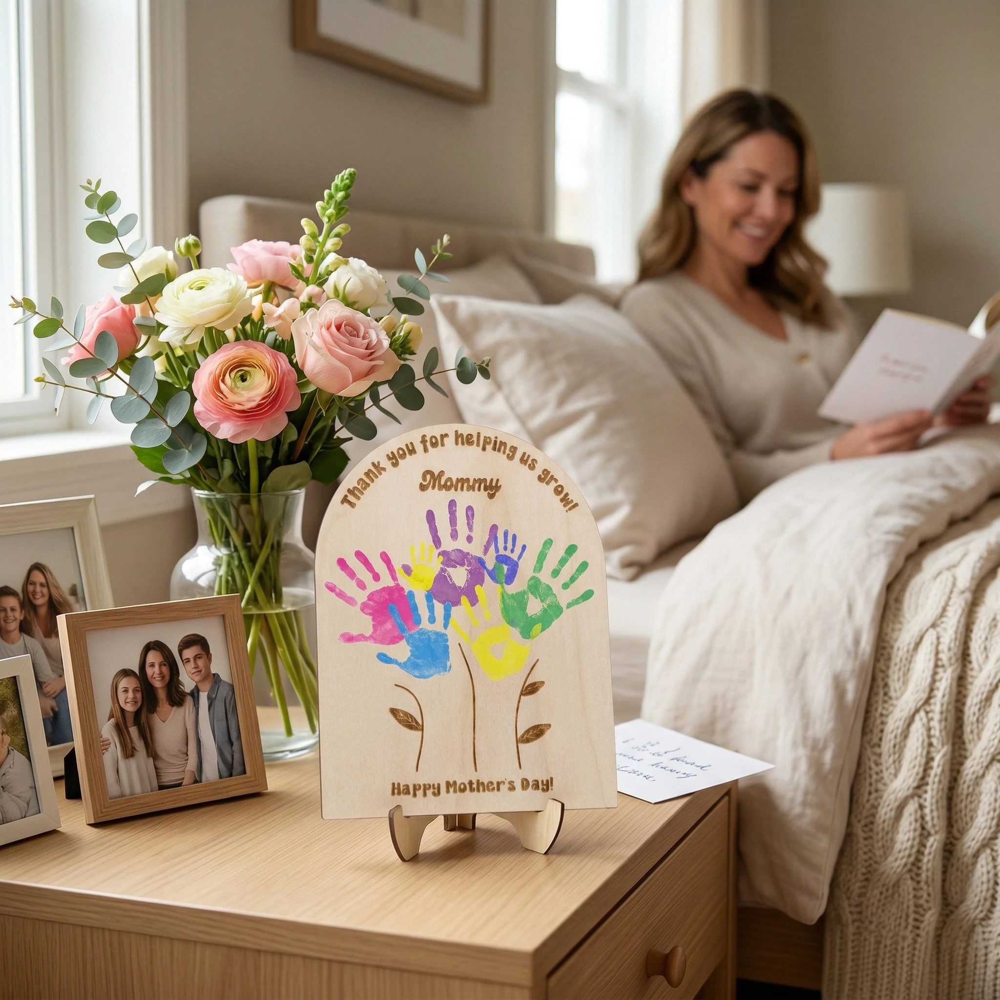 1pcs Thank You Mommy Wooden Sign with Stand Footprint Handprint Branches Pattern Centerpiece Gift for Mother's Day