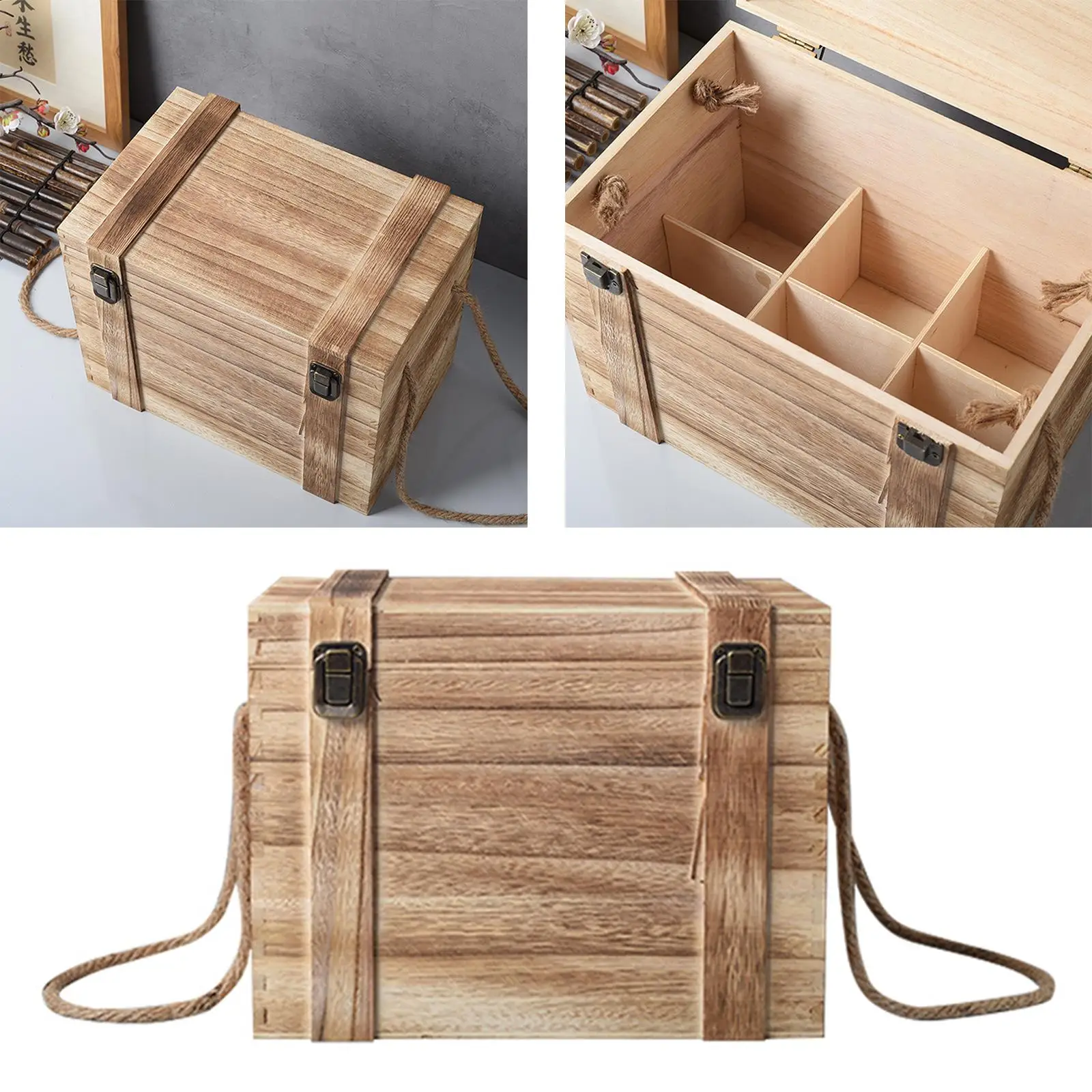 Wood Wine Storage Box Large Capacity Housewarmings Gifts Wine Accessories 6 Bottle Wine Crate for Wedding Anniversary Party