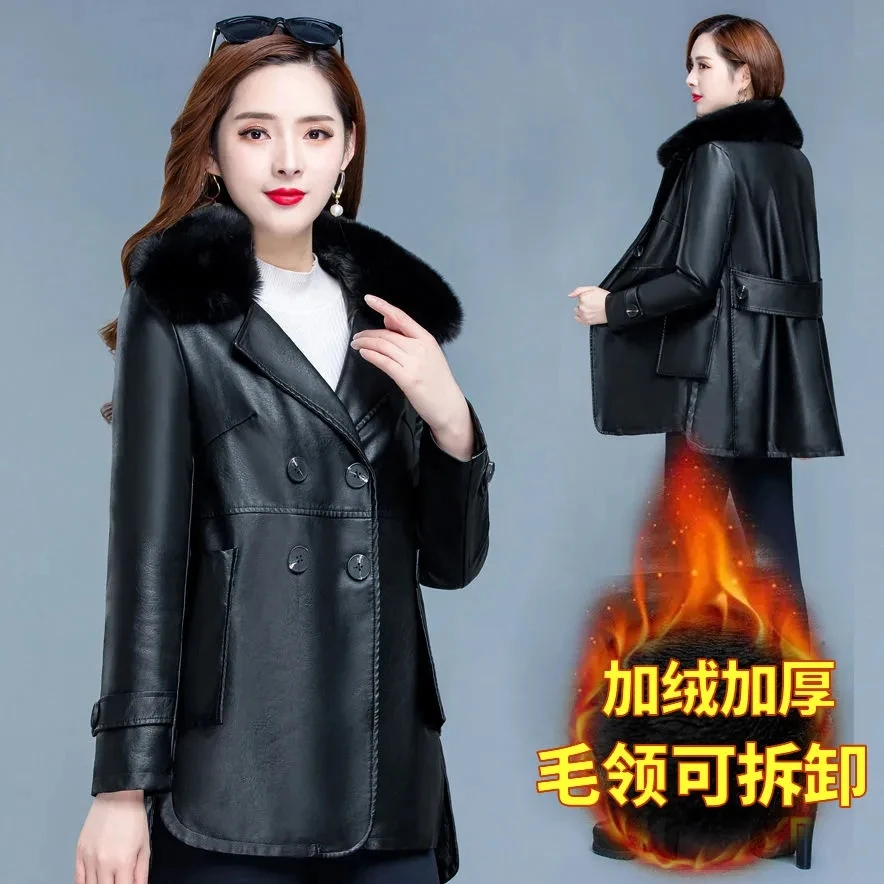 XL-6XL Women Leather Jacket Autumn Winter Korean Loose Faux Leather Windbreaker Coat Female Winter Thick Velvet Parkas Overcoat