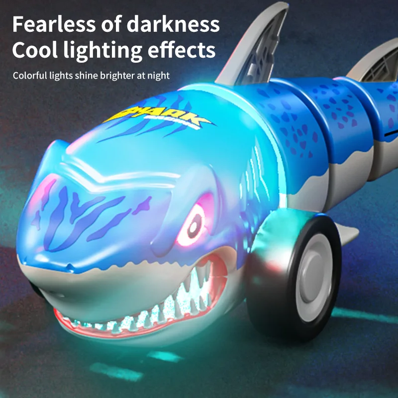 2.4G RC Shark Car With Cool Light Stunt Rotating Swing Tail Children's Radio Controlled Vehicle Electric Toys for Kid Xmas Gifts