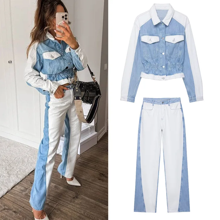 

Женский джинсовый костюм-двойка с длинными рукавами и лацканами, однобортные карманы, плиссированная дизайнерская куртка, пальто + прямые джинсы на молнии