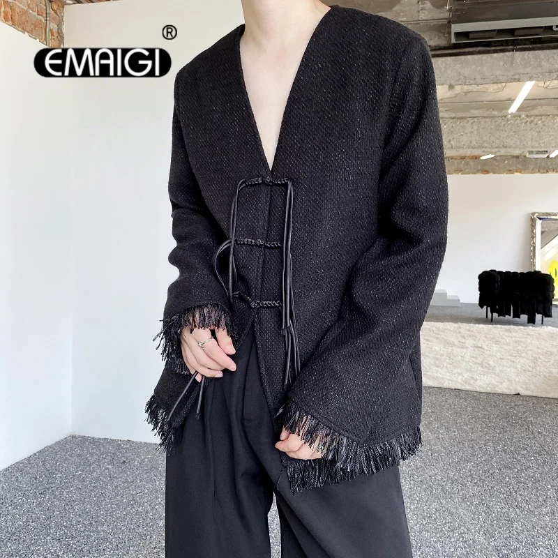 

Men Chinese Buttons Tassel V-neck Streetwear Fashion Loose Casual Vintage Blazers Suit Jacket Women Oversize Blazer Coat Unisex