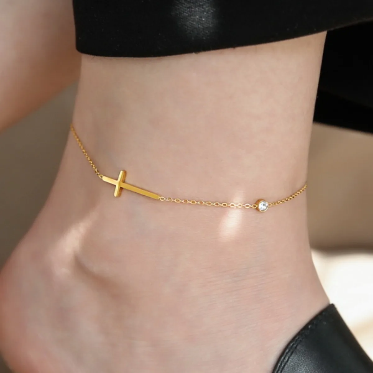 Cross Bracelet for Women Simple Single Chain Fancy Cross Anklet Charm with Shiny CZ Fashion Versatile Female Trendy Jewelry Gift image 2