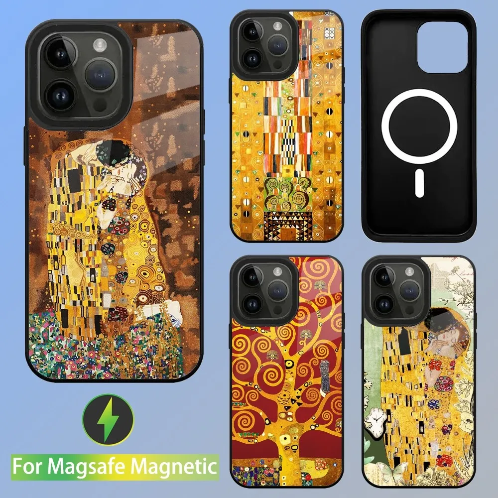 The Kiss Gustav Klimt Art Painting Phone Case For iPhone 15,14,13,12,11,Plus,Pro,Max Mini Magsafe Magnetic Wireless Charging