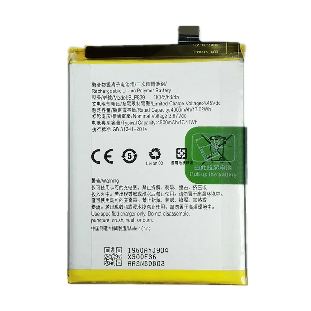 4500mAh 100% Original Battery BLP839 Reno5 For OPPO A95 / Reno 5 Z 5G PELM00 CPH2211 Phone Battery Batteries + Tools