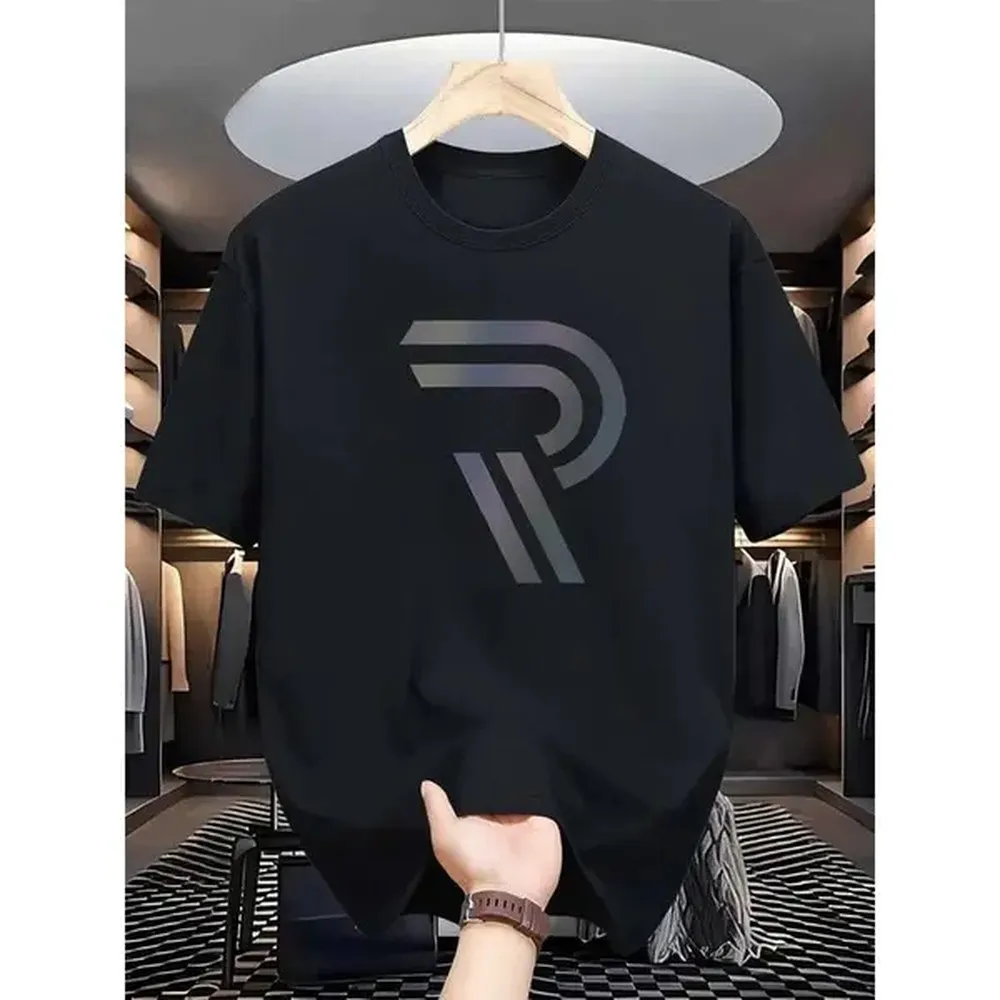 Men's 100% Cotton Gradient M Print T-Shirt - Classic Casual Menswear, Comfy Shortsleeve Round Neck Relaxed Fit Chic Streetwear Top, Soft