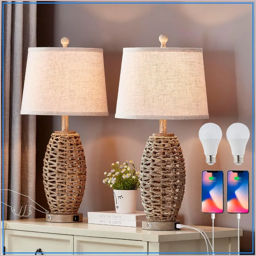 27" Natural Rattan Table Lamp Set of 2, Touch 3-Way Dimmable, USB Charging, Oatmeal Shade