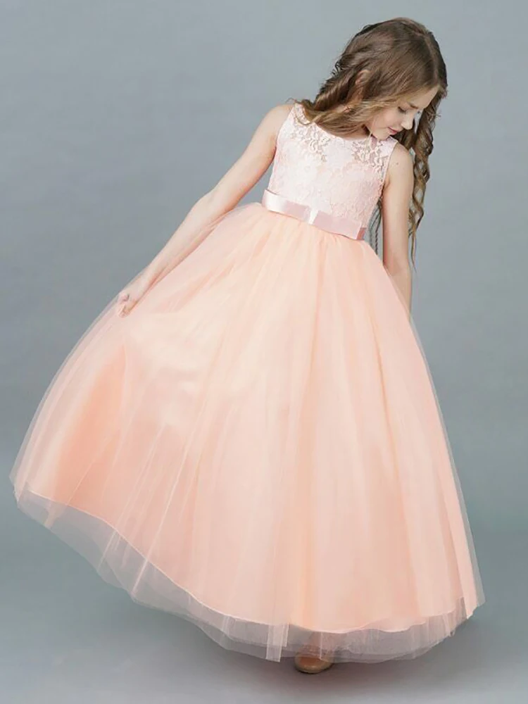 Cute Sleeveless Lace Bow Flower Girls Dresses Princess Child Ball Gown Kids Formal Special Occasion Custom