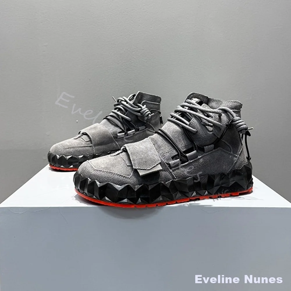 Transparent Wavy Platform Sneakers Men Retro Suede High Top Streetwear Ankle Boots New Multi Rope Lace Hook & Loop Casual Shoes