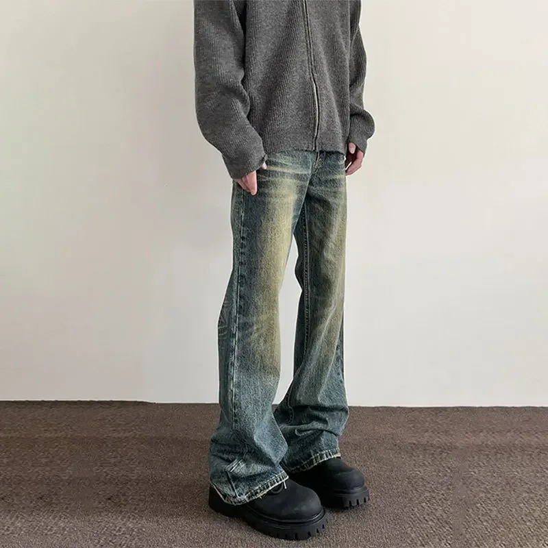 

Jeans Men Denim Flare Pants Straight Trousers Slim Fit Long Pant Button Pocket High Waist Simple Regular Splice Casual Autumn
