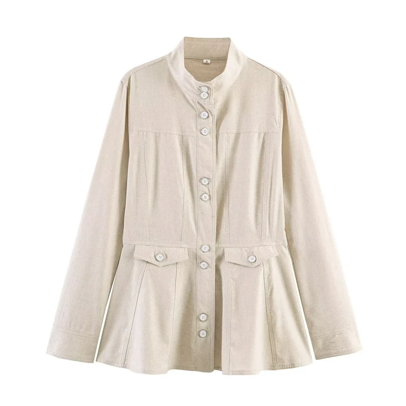Women Linen Blend Slim-Fit Jacket Stand Collar Button Down Long Sleeve Casual Blazer Tailored Peplum Hem Lightweight Trench Coat