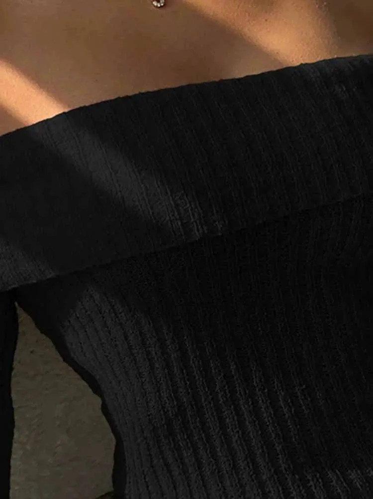 

Sexy Off Shoulder Long Sleeves Pullover Jumper Casual Hight Street Solid Color Tops Autumn Winter Fashion Ribbed Hottie Knitted