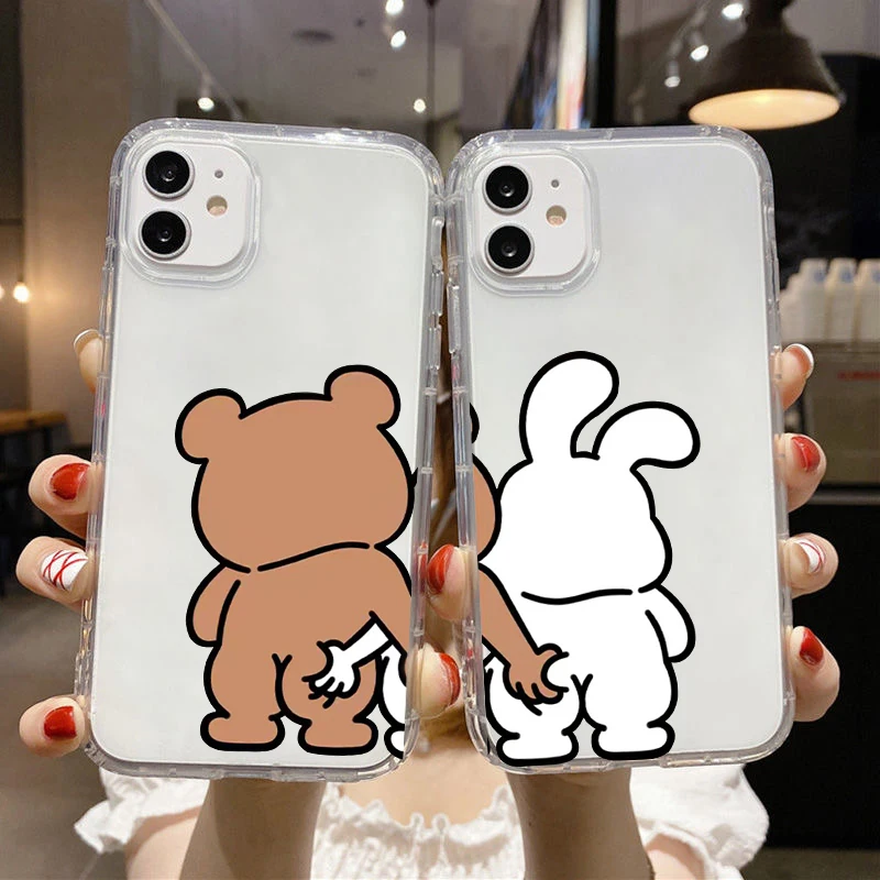 Funny Cartoon Pinch Butt Bear Rabbit Couple Case For iPhone 14 15 Pro Max 11 12 13 XR XS Shockproof Clear Soft Phone Cover Shell