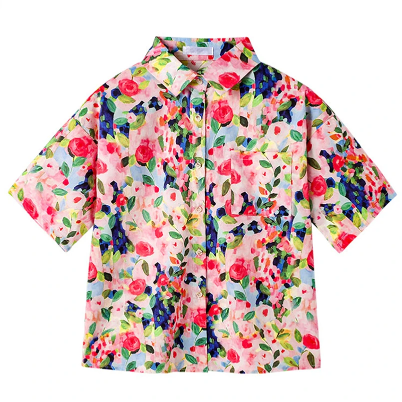 Hot Sale Womens Print Tops And Blouses Casual Loose Short Sleeve Shirts with Pocket Ladies Holiday Blusa Feminina Streetwear