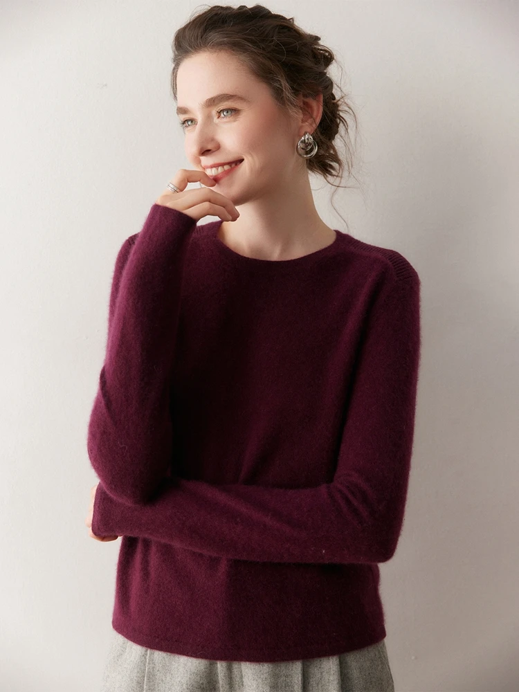 TLOML Damski Sweter 100% Kaszmir Okrągły Dekolt Jesień Zima Dopasowany Podstawowy Sweter z Kaszmiru Miękki Ciepły Warstwa Bazowa Top