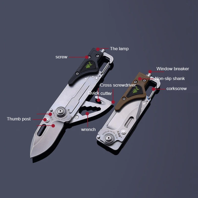 Imagem -05 - Faca Dobrável Multifuncional Acampamento ao ar Livre Luz Led Chave Edc Disjuntor de Janela Chave de Fenda Aço Inoxidável Ferramentas de Piquenique 6050