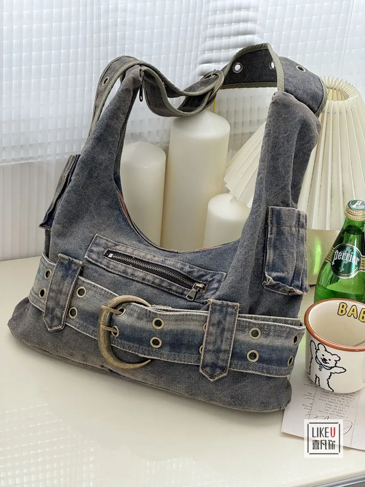 2025 Autumn Retro Fashion Strap Denim Womens motorcycle bag Korean retro y2k denim canvas armpit single shoulder crossbody bag