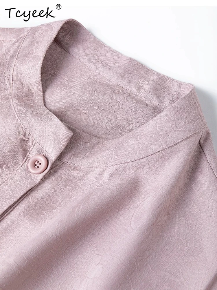 Tcyeek 100% Real Silk Blouses Women 2026 Spring High-quality Stand Collar Loose Long Style Shirts Ladies Clothes Chemise Femme