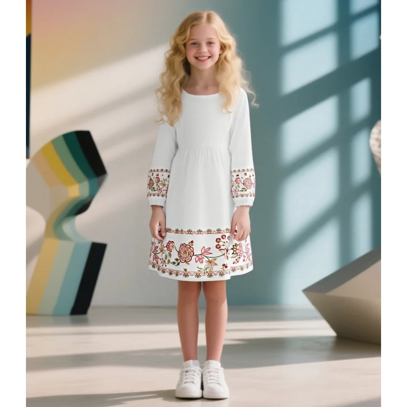 

2025 Hot Sale Kids Girls Long Sleeve Floral Embroidery Dress - Boho Style White Casual Midi Dress for Kids Daily Outfits