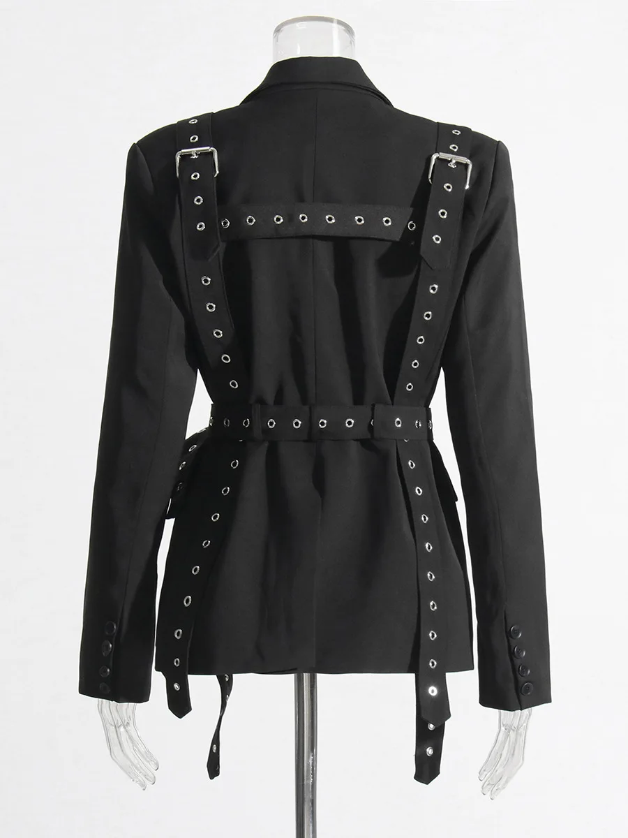 Frauen Einfarbig Temperament Anzug Jacke 2025, Herbst Kerb Einreiher Gürtel Schlank Biker Motor Stil Casual Blazer