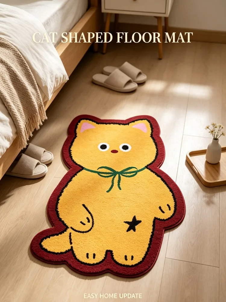 Cute Yellow Cat Shaped Area Rug, Cartoon Kitten with Green Bow Star Print Non Slip Floor Mat, Lovely Animal Shaped Carpet for Be