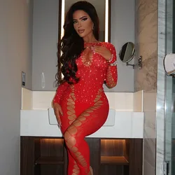 Rhinestone Leopard Women Rompers Solid Long Sleeve Skinny Jumpsuits 2024 Summer Sexy Hollow Out Night Club Party One Piece