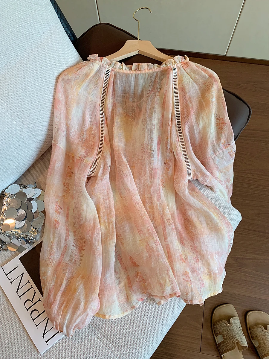 Chic Lace Trim Long Sve irt Women's Casual Sle Thin Material V-Ne Button-Up Loose Fit Autumn Faion Top