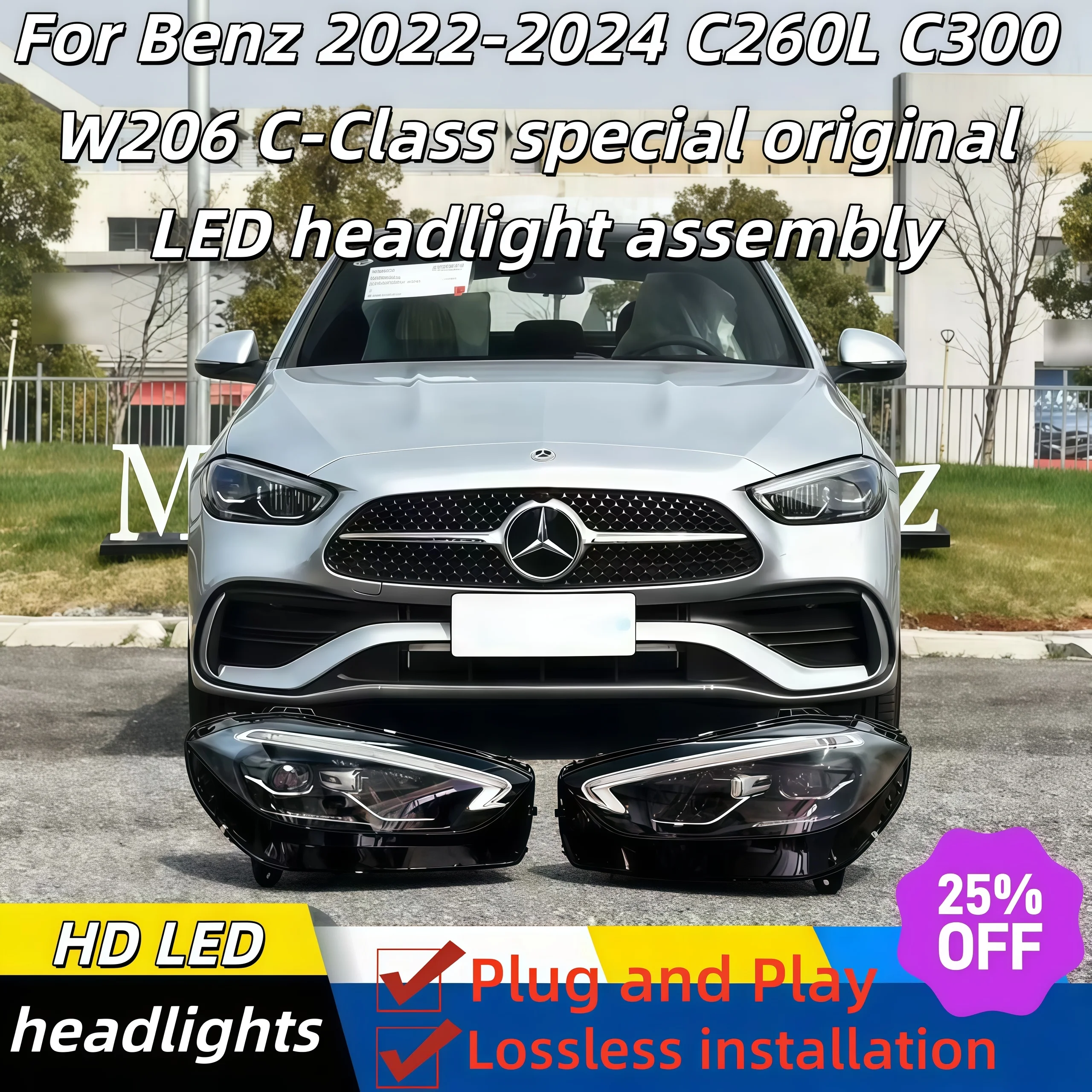 

For Mercedes-Benz 2022-2024 C260L C300 W206 C-Class original LED headlight assembly non-destructive installation plug and play