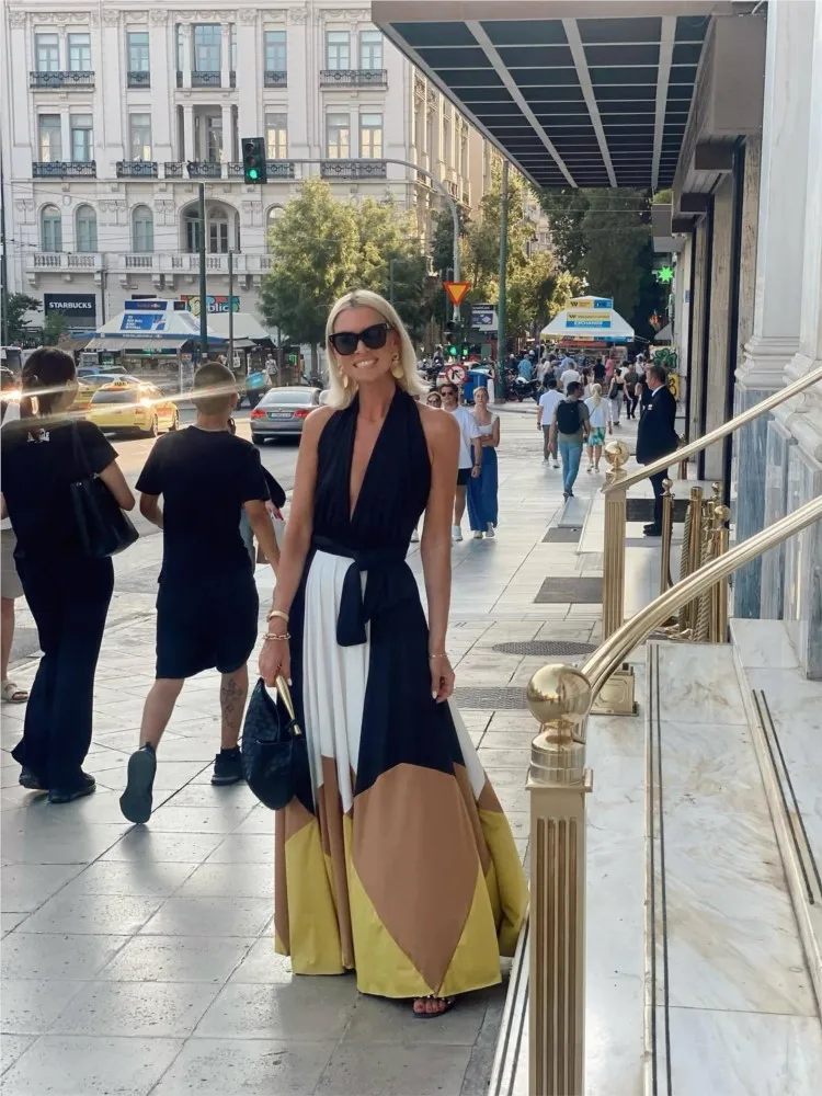 여름 패션 섹시 레이스업 플리츠 맥시 드레스 프린트 패치워크 백리스 홀로우 아웃 여성 드레스 보헤미안 휴가 파티 드레스