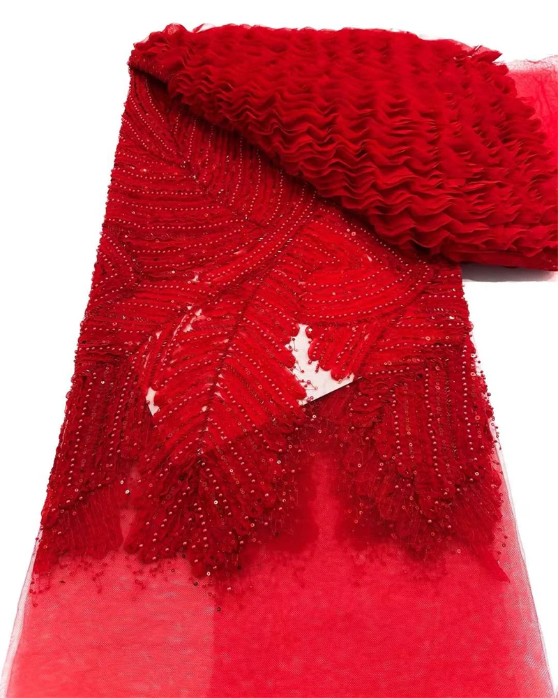 

African Beaded Net Mesh Lace Fabric High Quality Embroidery with Sequins French Tulle for Nigerian Wedding Party Dresses