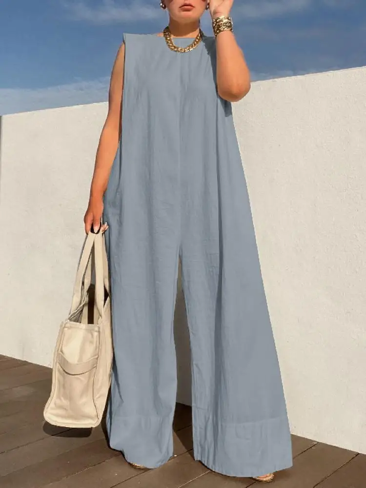 Yeezzi 2024 New Female Stylish Selection Solid Color Wide Leg Jumpsuits Women Summer Sleeveless Loose Casual One Piece Outfits