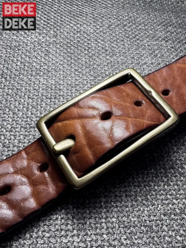 Handmade Mens Brass Pin Buckle Cowhide Genuine Leather Strap For Pants Thick Real Leather Belt Vintage Jeans Waistband