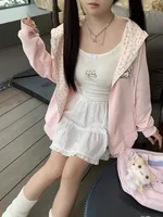 Y2k Hoodies Green Kawaii Cat Floral Print Hooded Zip-up Woman Sweatshirts Pink Thin Jacket Spring Fall Clothes Cute Streetwear - Image 3