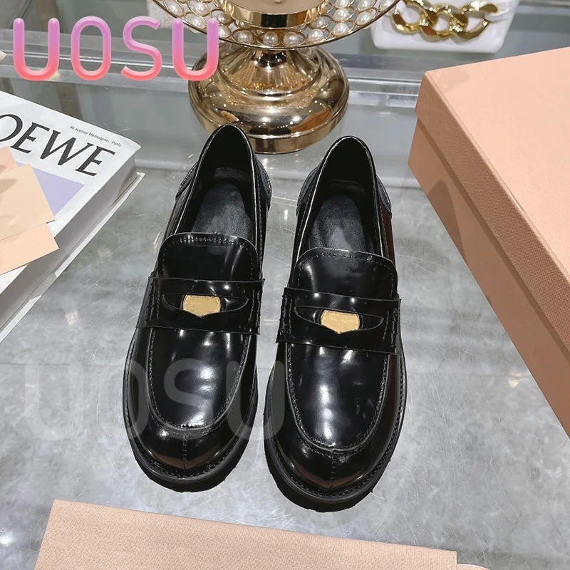 

2024 New Women Leather Shoes Luxury Calfskin Thick Bottom Commuter Shoes Designer Retro One Stirrup Slip On Ladies Loafers