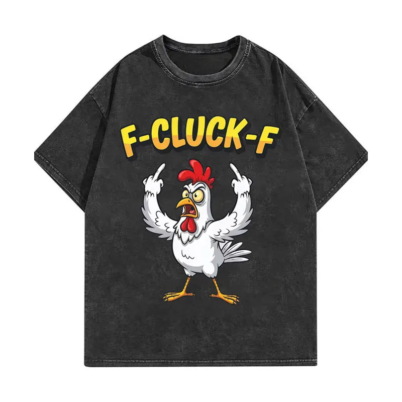 

F-Caw-F Chicken Funny Vintage Washed T-shirt Street Fashion Cartoon Short Sleeve T-shirts Men Women High Quality Cotton T Shirt