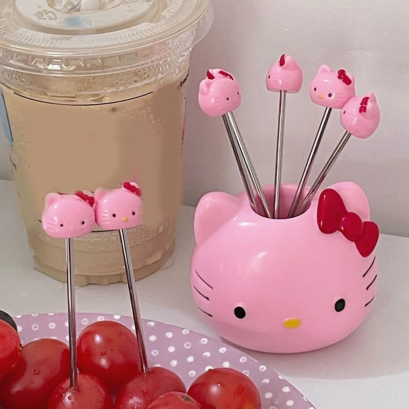 Sanrio Hello kittys ส้อมผลไม้สุดสร้างสรรค์, อะนิเมะน่ารัก KT สแตนเลสบ้านเค้กครัวเบนโตะผลไม้ของขวัญบนโต๊ะอาหาร