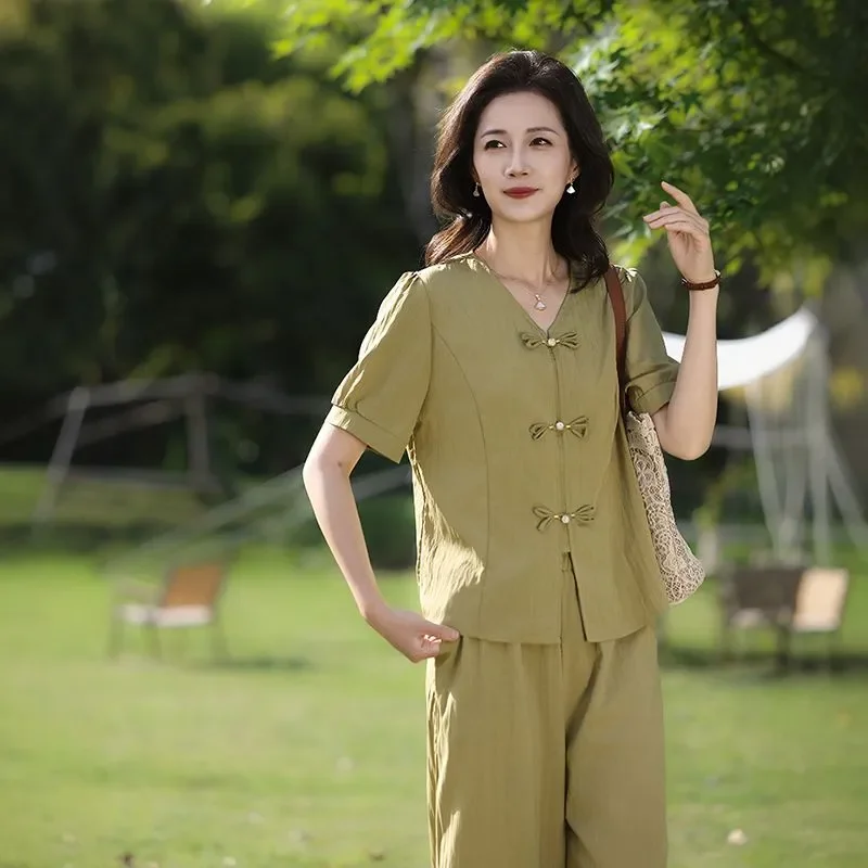 

Women Middle Aged Summer Chinese Knot Short Sleeve Top Wide Leg Pants Two Piece Set Daily Casual Outfit