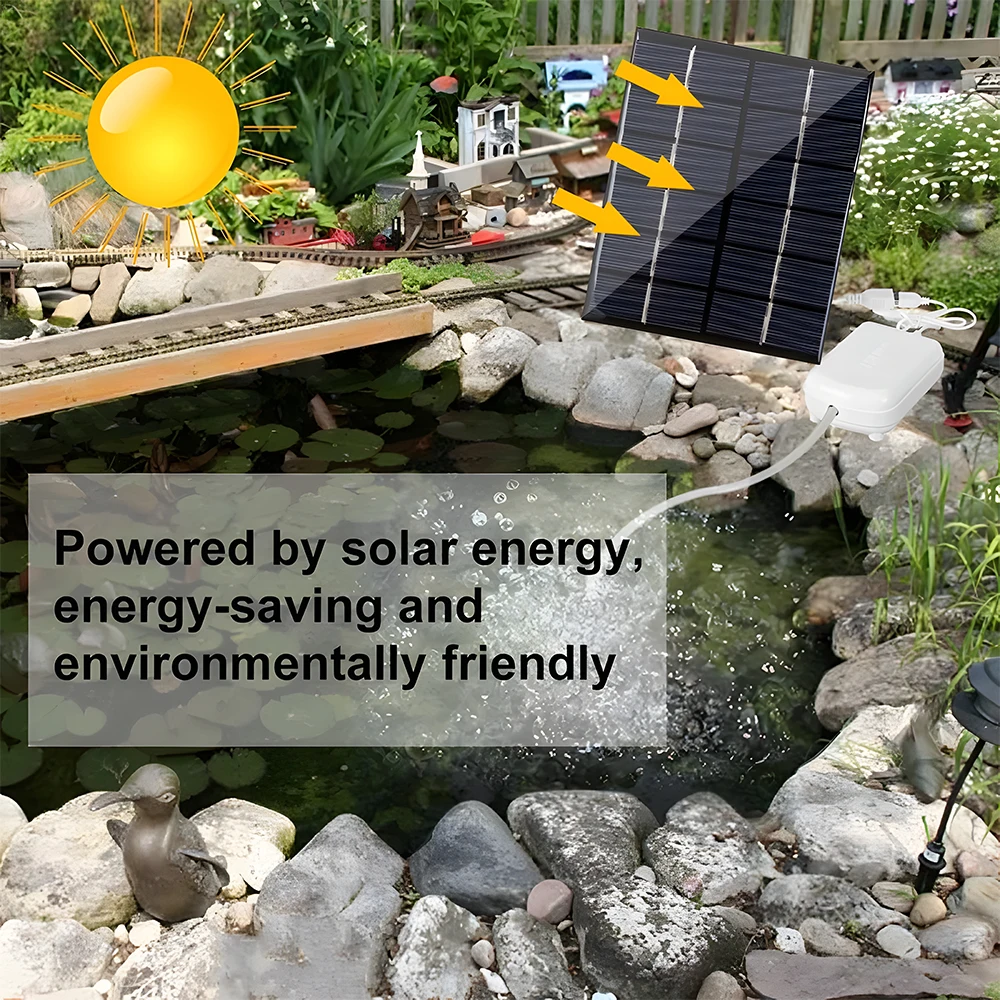 Solar Pond Aerator with Air Pump 2000mA Backup Battery Aquarium Oxygen Aerator Air Pump with Pipe Air Bubble Stones for Garden