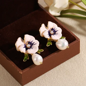 Retro Hand Painted Pansy Flower Enamel Stud Earrings