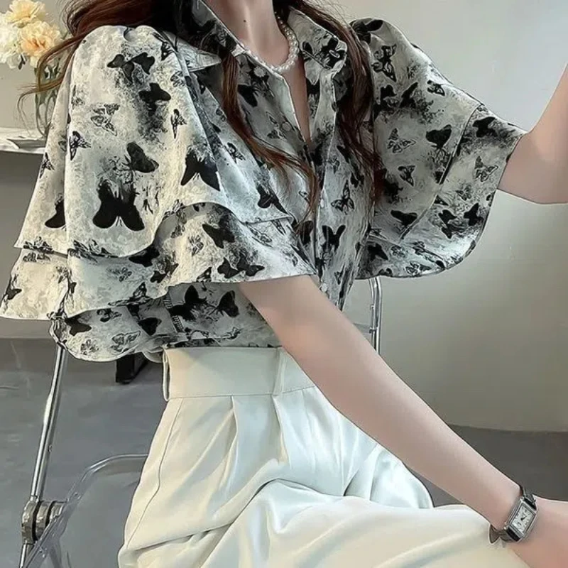 Spring Summer New Fashion Women\'s Clothing Polo Neck Short Sleeve Butterfly Print Blouses Female Clothes Y2K Loose Women\'s Shirt