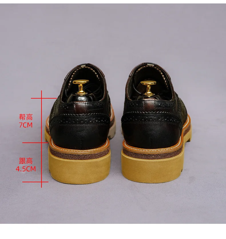 Men's Oxfords Brogues Shoes Genuine Leather Horse Hair Patchwork Thick Sole Lace Up Shoes Elevator Height Increasing Footwear