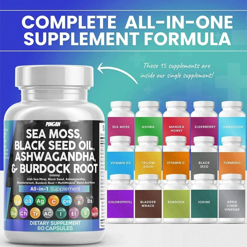 

Sea Moss 3000mg Black Seed Oil 2000mg Ashwagandha Turmeric Bladderwrack 1000mg Burdock 1000mg & Vitamin C