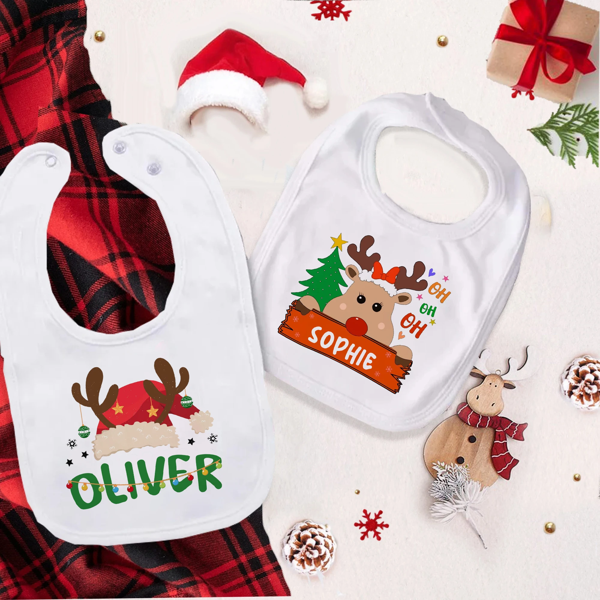 Personalized Baby Bib Deer Santa Hat with Name Bibs Custom Christmas Party Newborn Cotton Bib Infant Saliva Towel Xmas Gift