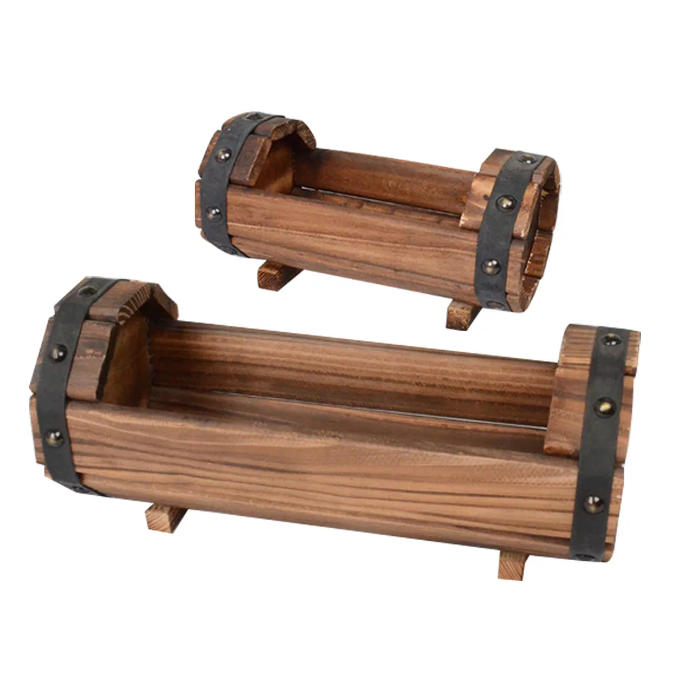 

2PCS Solid Wood Flower Pot Set Durable Retro Half Barrel Planter Decorative Plant Container Small Large Size Outdoor Indoor