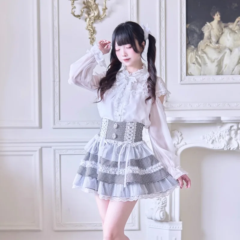 Mass-produced Mine Series Short Skirt Japanese Lolita Original Design High-Waisted Two Sides Strap Water Color Mini Skirts Women