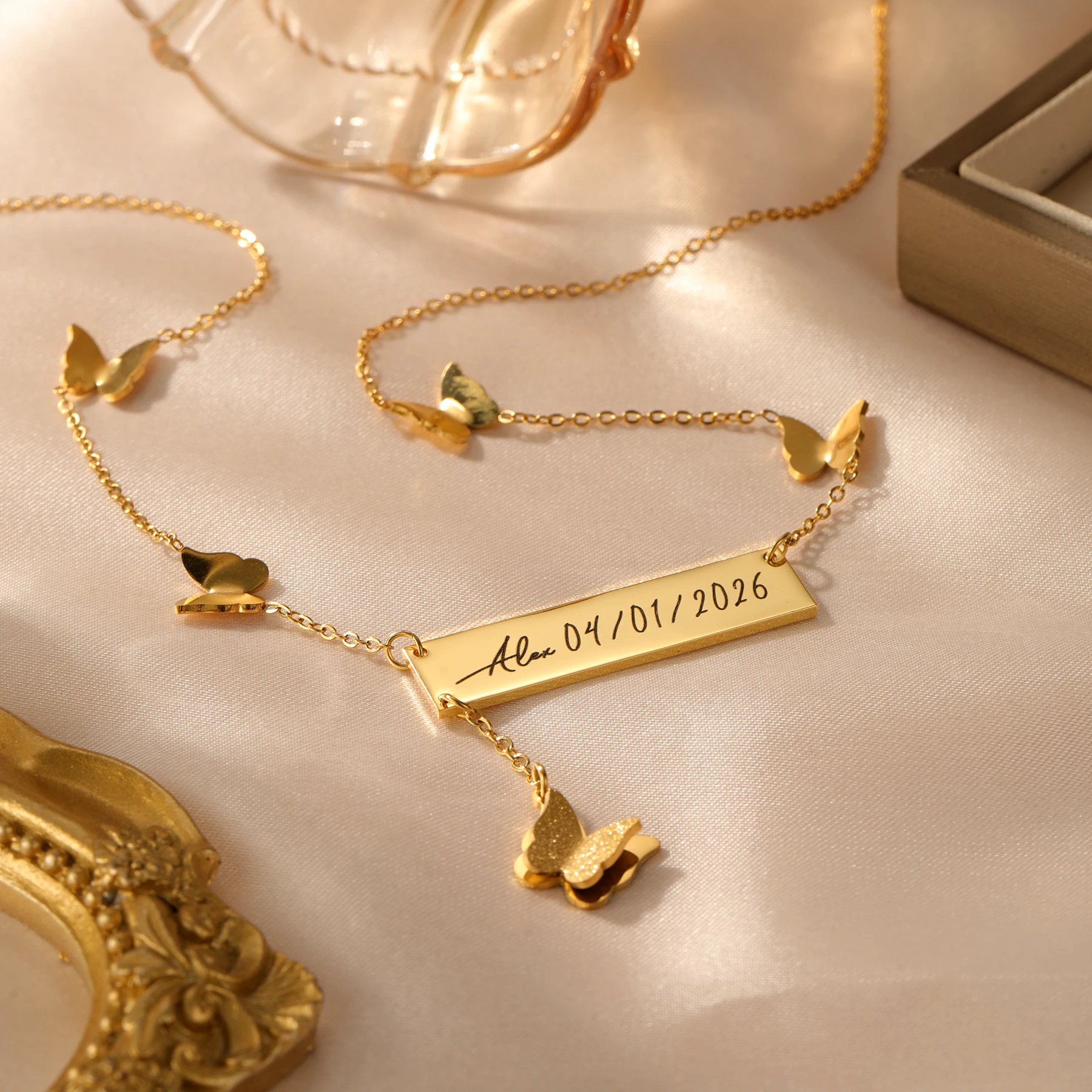 

Personalized Butterfly Bar Name Necklace Custom Handwriting Date Engraved Necklace Gold Plated Stainless Steel Gift for Women