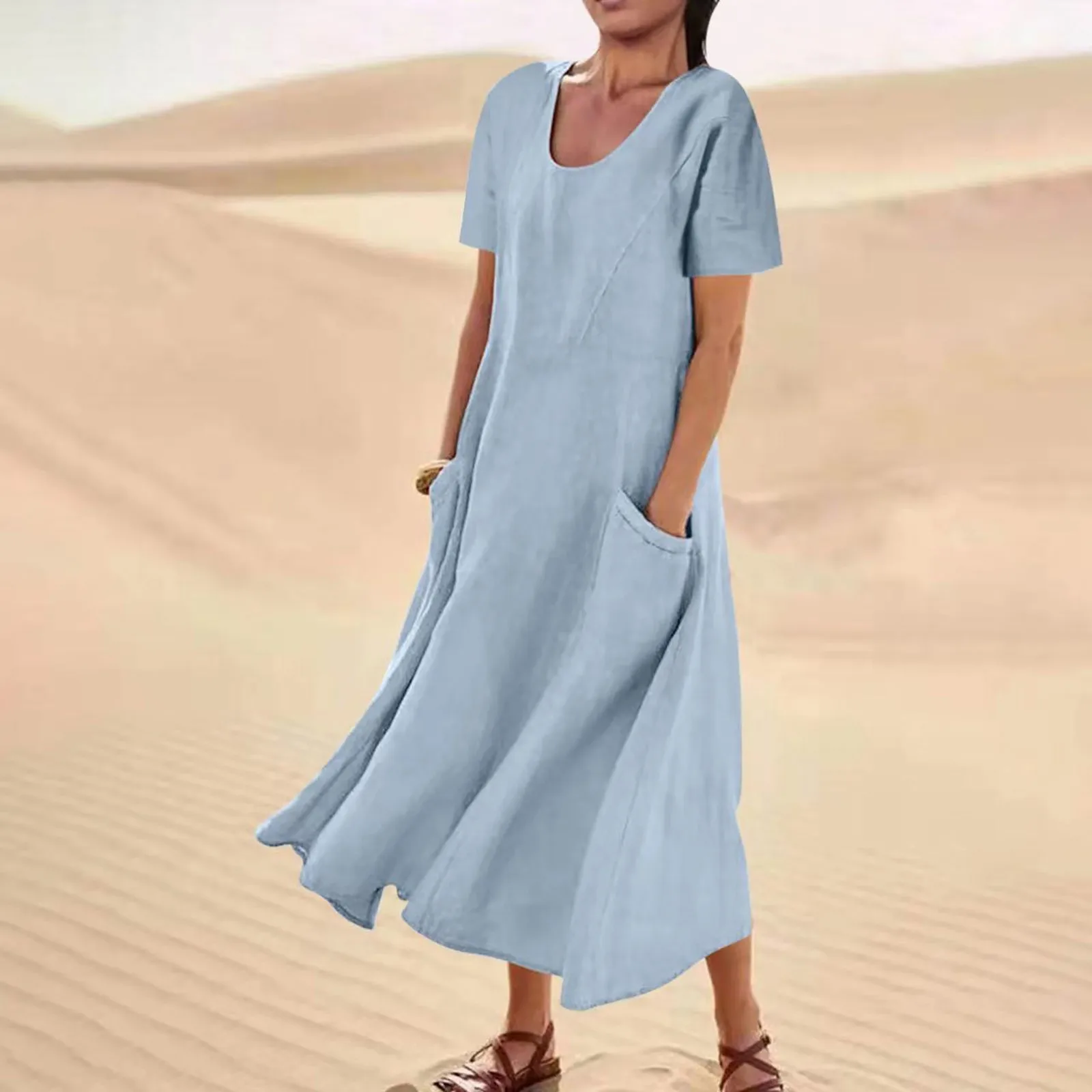 Women Casual Solid Dress Round Neck Short Sleeve Pocket Dress Splice Loose Dress Woman Maxi Dresses